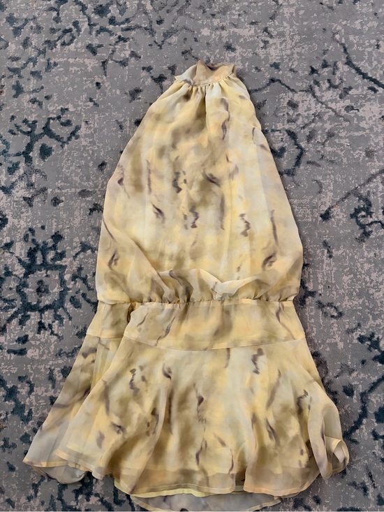 Peppermayo Dresses & Skirts - Peppermayo Pale Yellow Watercolor Halter Dress with purple/gray pattern